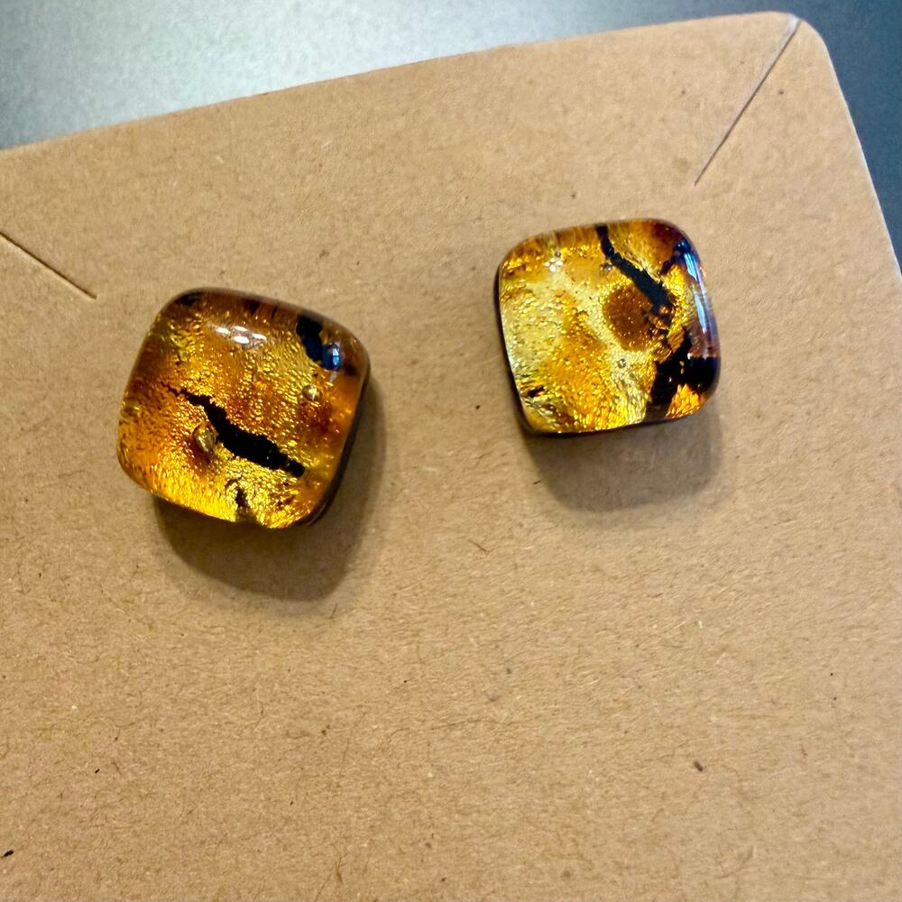 Artisan Amber Gold Black Fused Dichroic Glass Stud Earrings